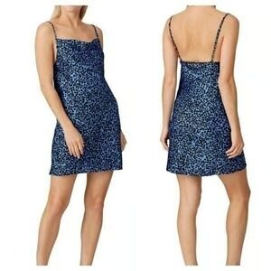 Flynn Skye Lynn Small Satin Slip Dress Blue Leopard Print Cowl Neck Mini Dress